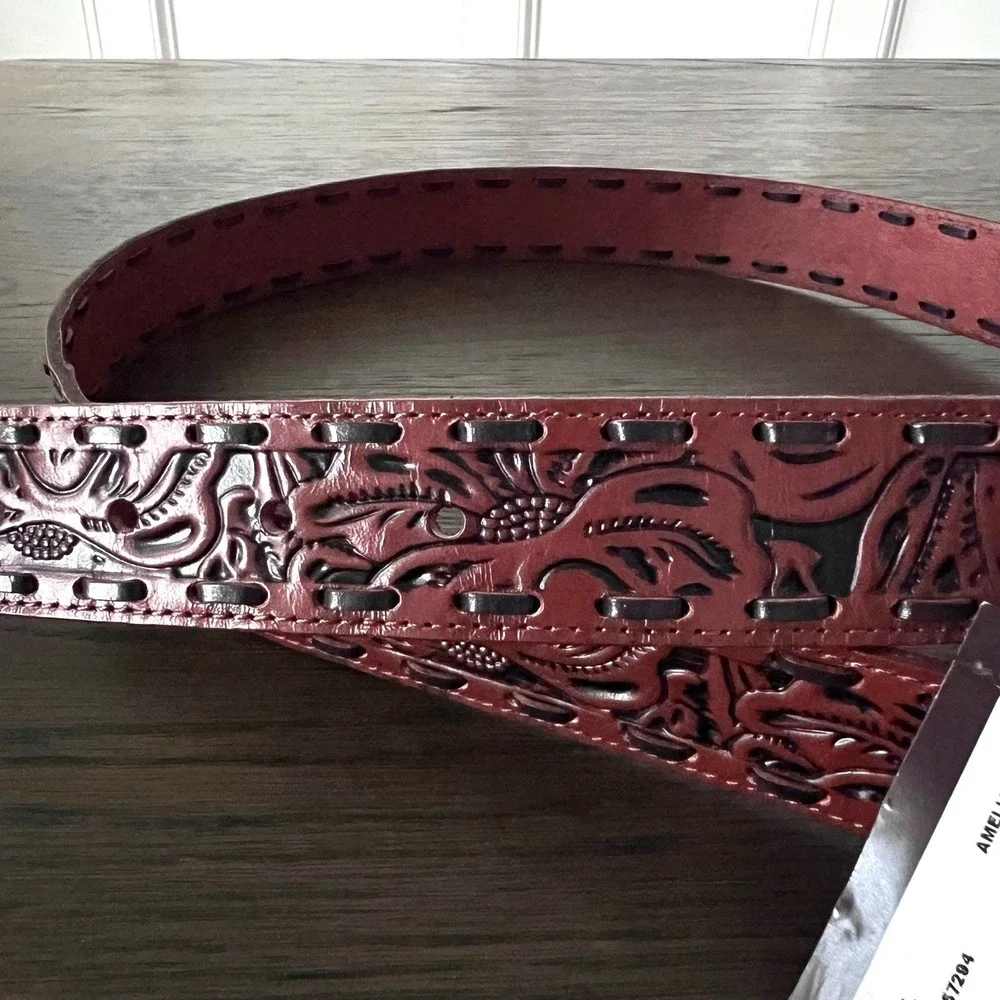 Patricia Nash Amelia Western Tooled Leather Belt Rich‎ Brown Size L NEW MSRP $79